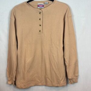 Cool blues Women's Tan Cotton Blend Waffle Knit Thermal Henly Top Small‎ NWT